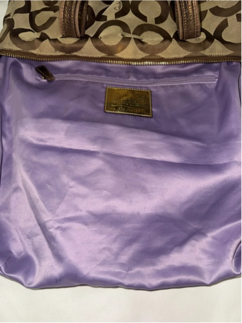 Coach Poppy Glam Op Art Tote Bag Bronze Metallic Trim Purple Satin Lining G0967-